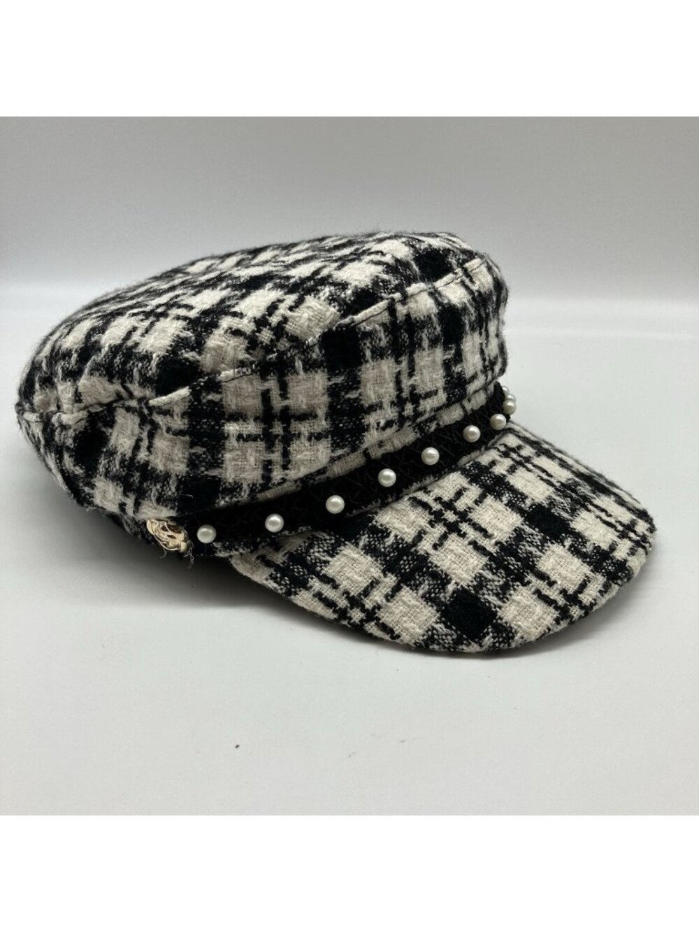 Marcus Adler New York Tweed Newsboy Cap Pearls Black White